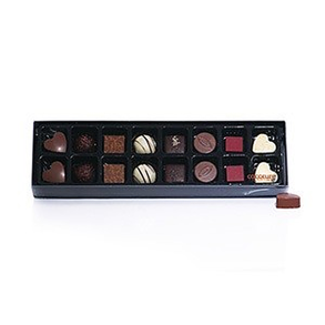 180g 16 stk. Fyldte chokolader i sort aflang karton�ske