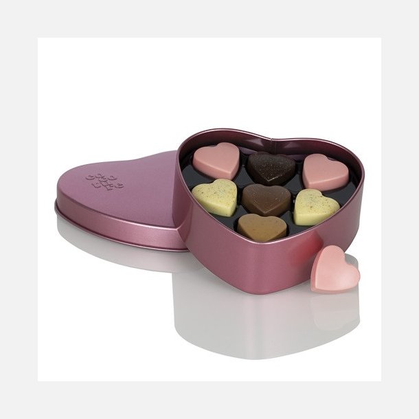 Cocoture - 63g Fyldte chokoladehjerter i metallic lyser�d Cocoture metalhjerte