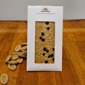 Chokoladeplade med Dulcey chokolade, �ble og bl�b�r